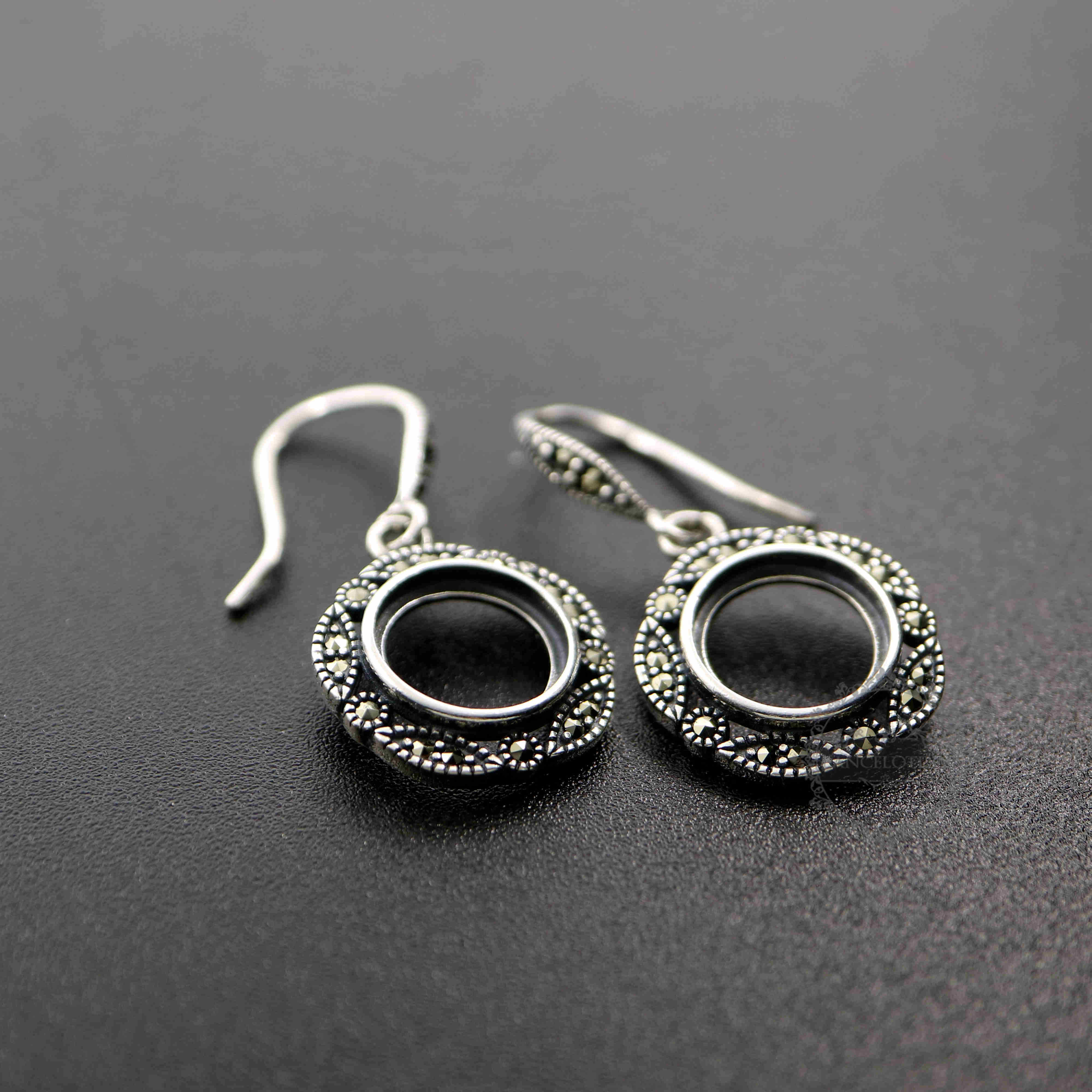 10MM Round Setting Bezel Tray Antiqued Solid 925 Sterling Silver DIY Earrings Hooks Findings 1706010 - Click Image to Close